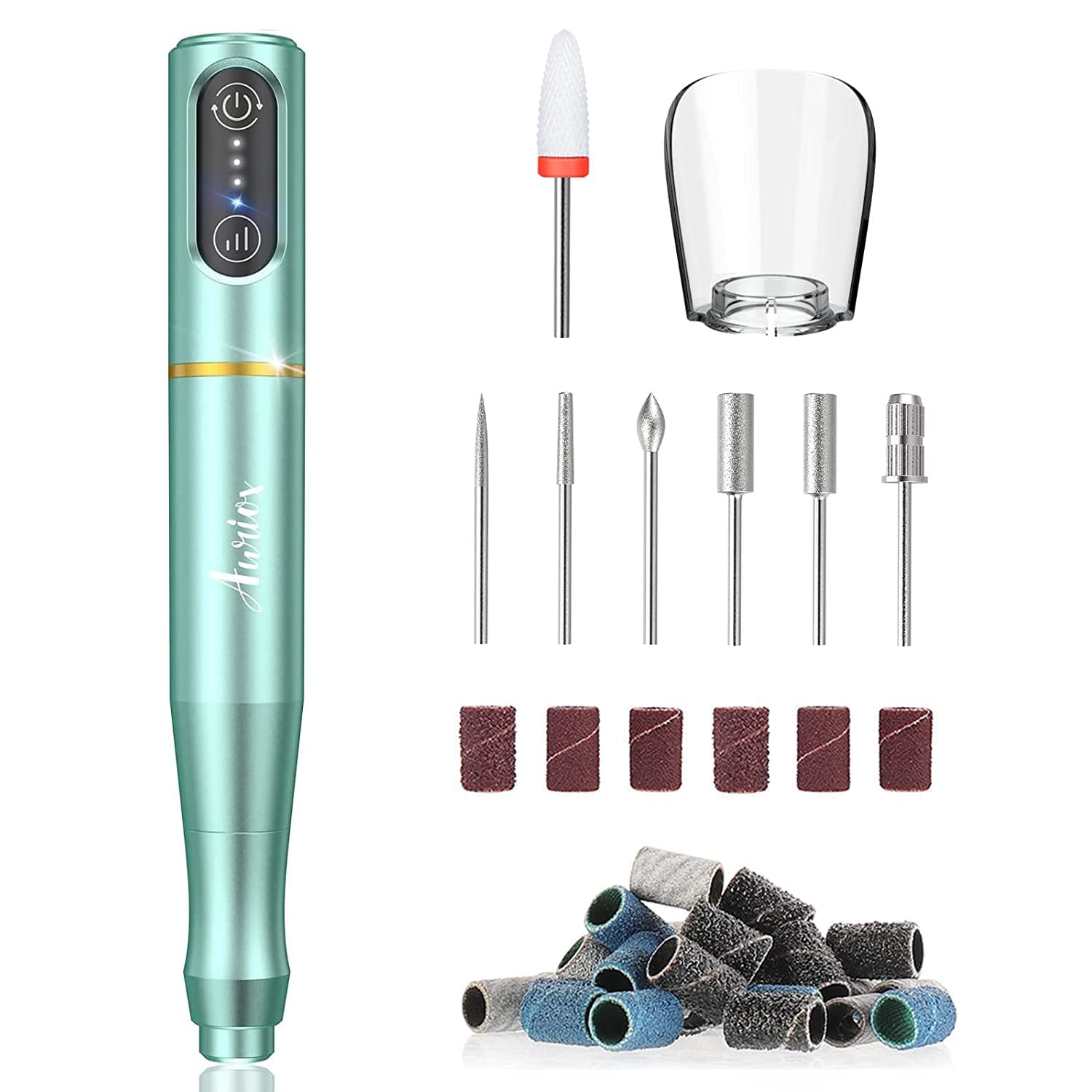 Auriox Cordless Nail Drill Machine, Electric Nail File Rechargeable Professional Portable Efile Nail Filer with Ceramic Nail Bit, Manicure Pedicure Kit for Acrylic Nails (Light Green)